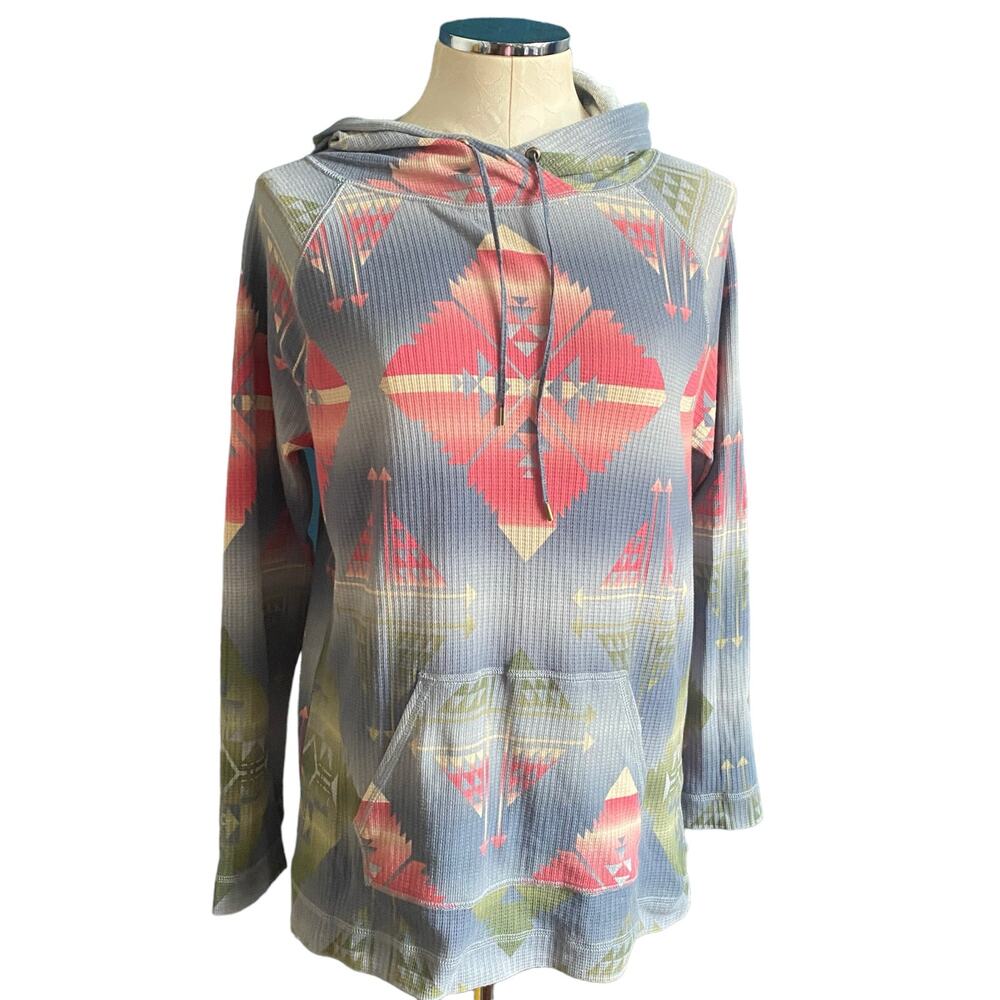 Chaps Multicolor Aztec Southwestern Thermal Waffle Knit Pullover Hoodie Size S